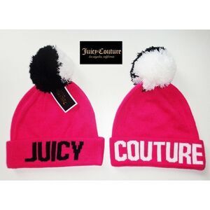 NWT Juicy Couture Black Label RARE!! Gorgeous Pink & Black Pom Pom Logo Beanie